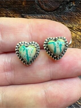 Ribbon Turquoise Heart Stud Earrings | Sterling Silver Heart Earrings